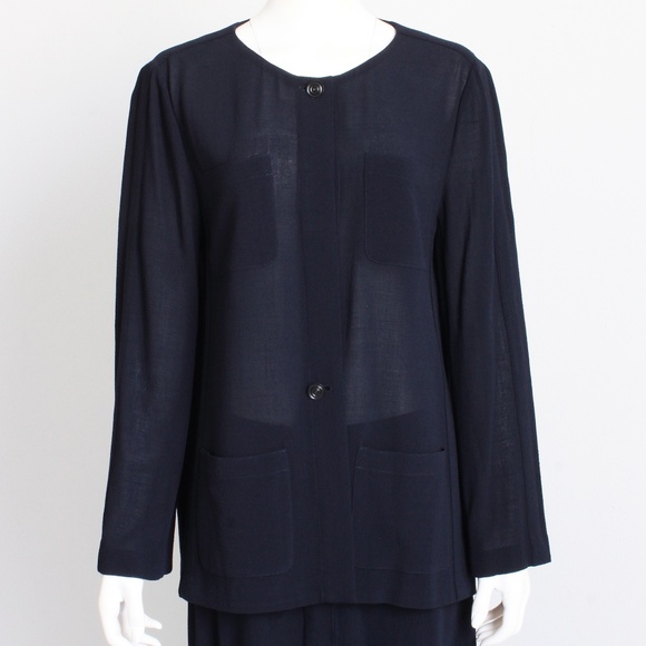 Chanel Jacket + Skirt Suit 2pc Sheer Wool Crepe Button Front Navy Blue 99P HTF - Picture 4 of 10